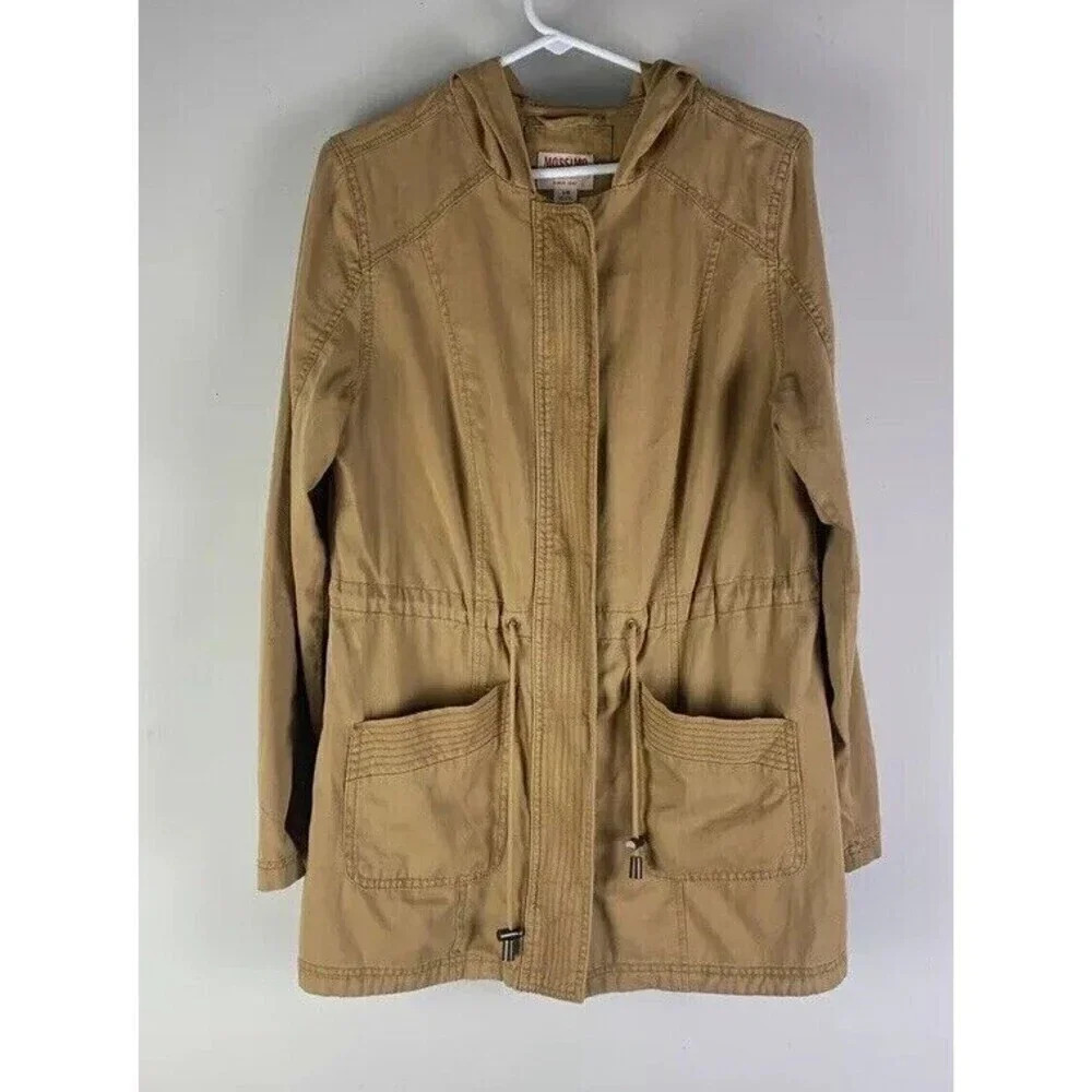 Mossimo Gold Utility Jacket‎ Hood Adjustable Waist Zip Up Button Closure Size L